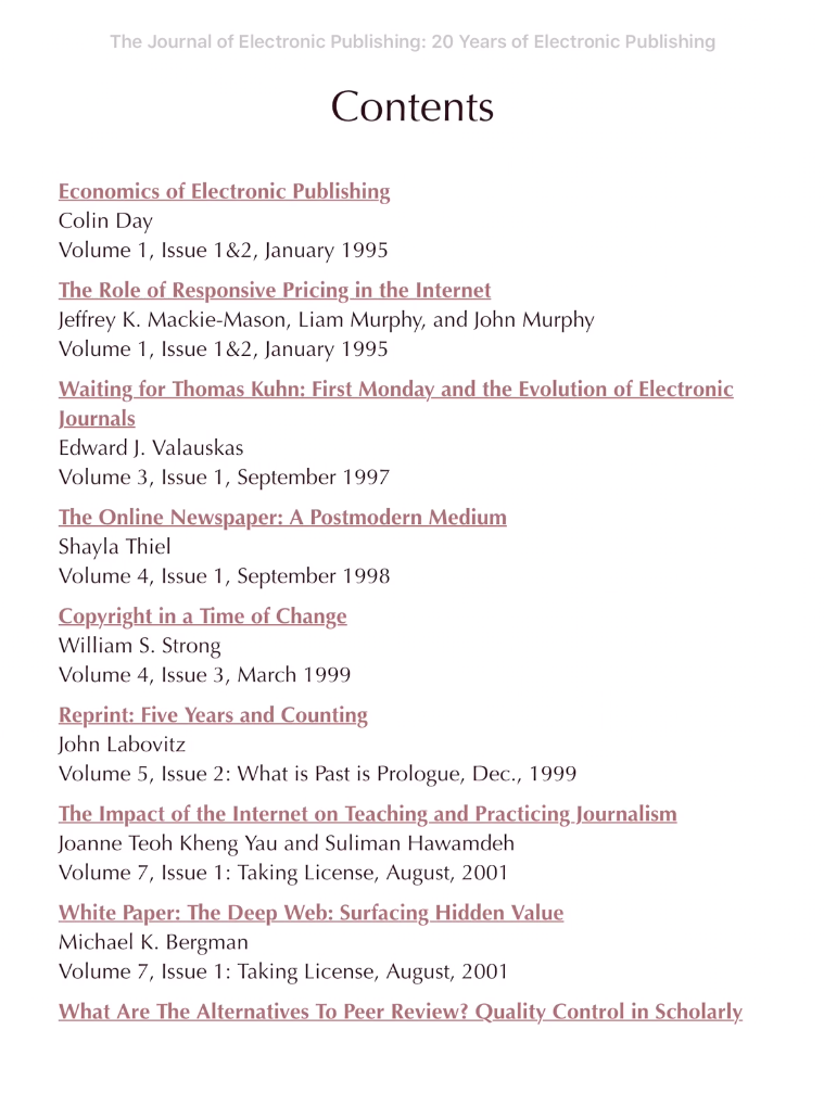 Table of content of the JEP journal